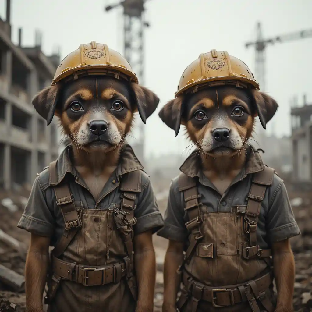 Due cuccioli esausti come operai in un cupo cantiere edile
