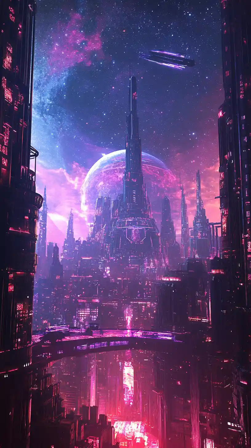 Surrealer Neonpalast, der in nächtliche futuristische Stadtlandschaft übergeht