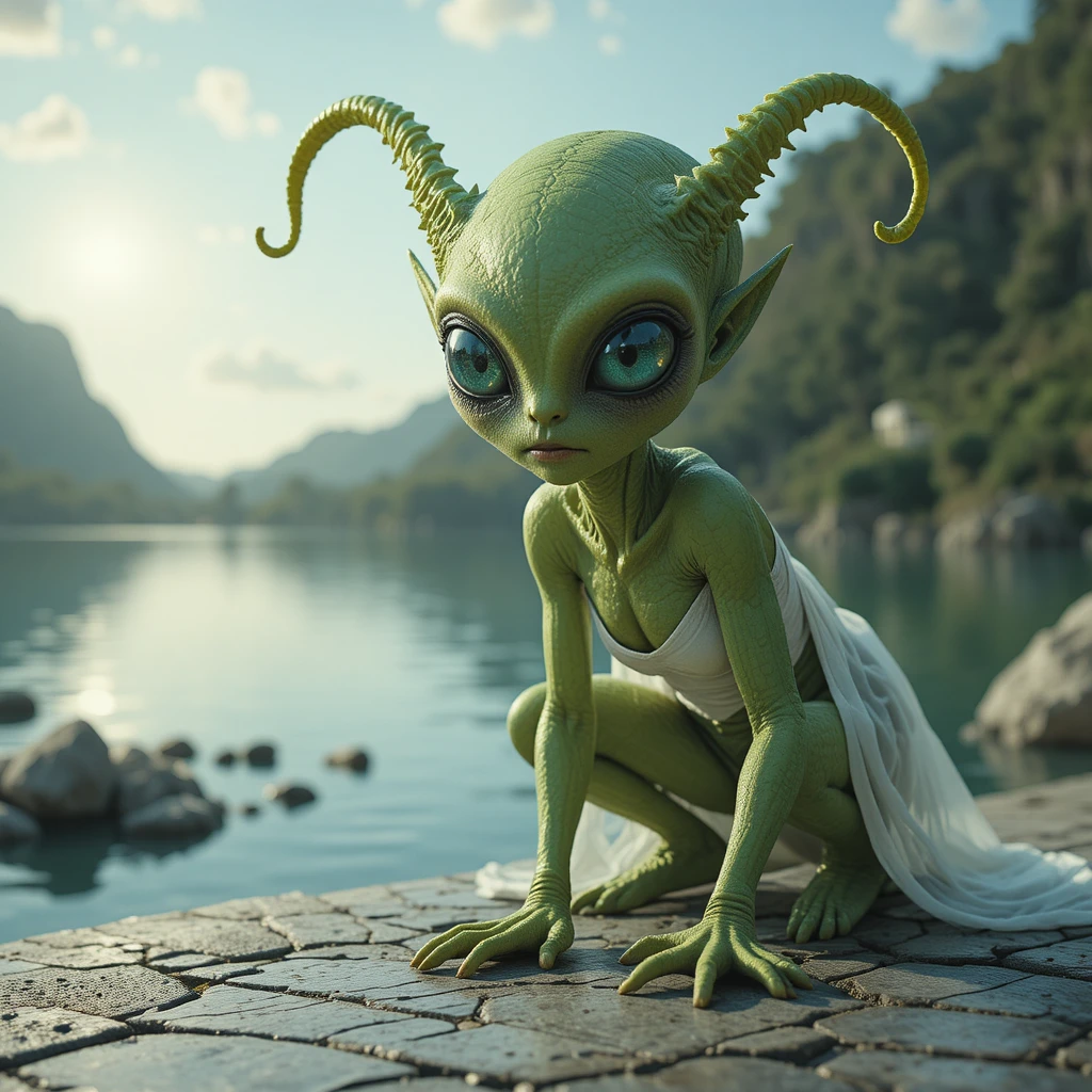 Grumpy green alien crouching by a quiet lakeside