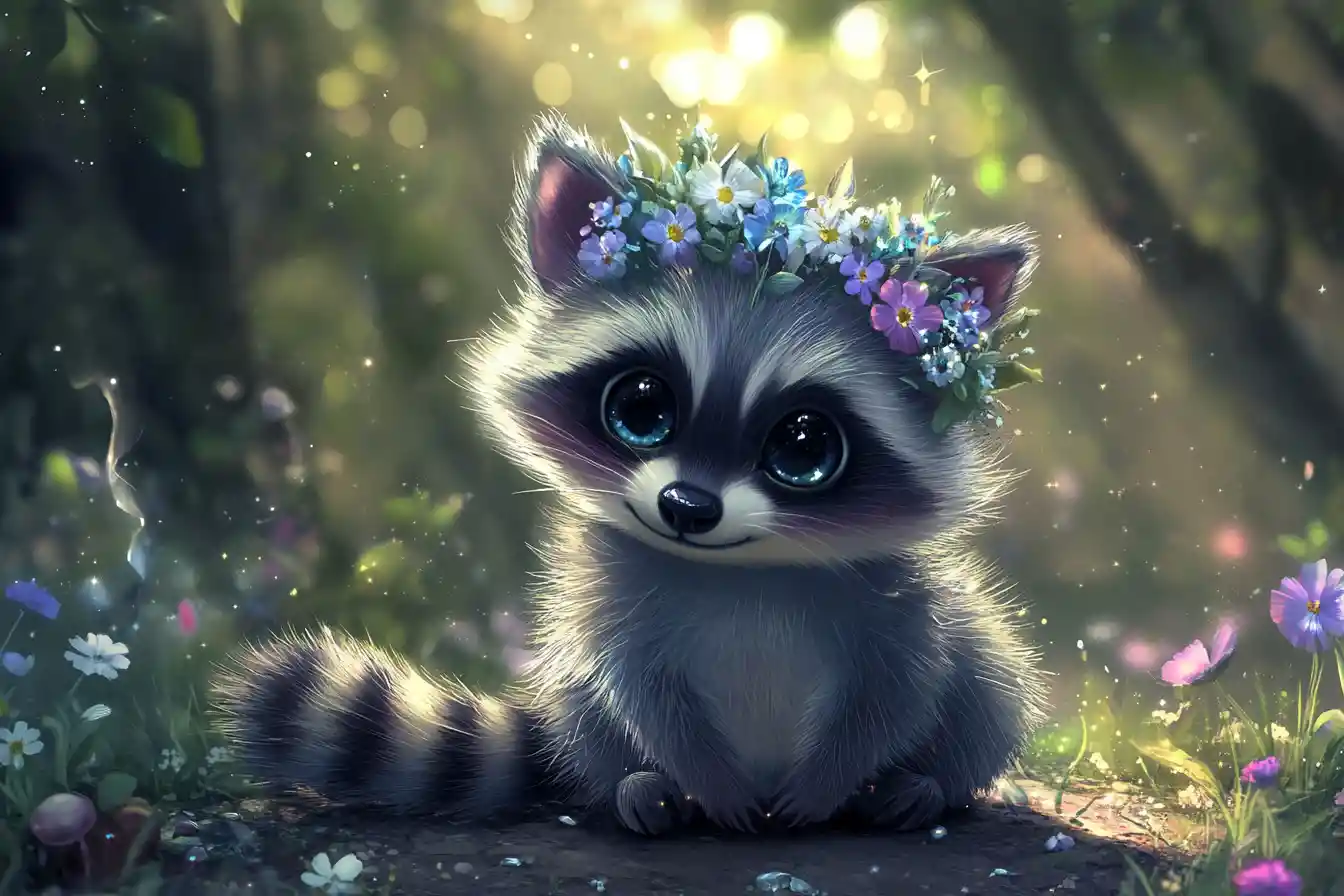 Adorable chibi raccoon with flower crown in fantasy forest