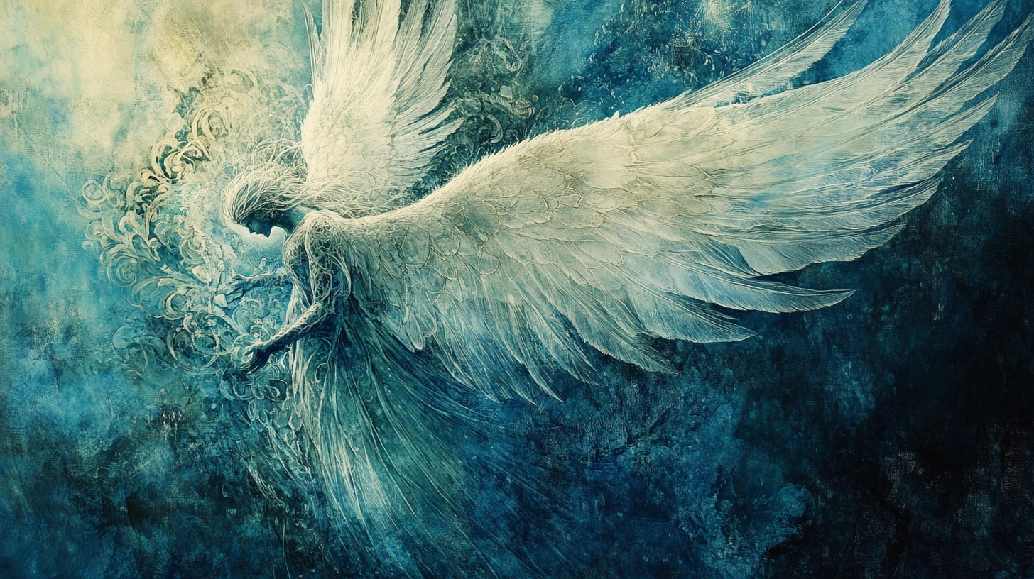 Ángel de luz descendiendo de un vasto reino celestial