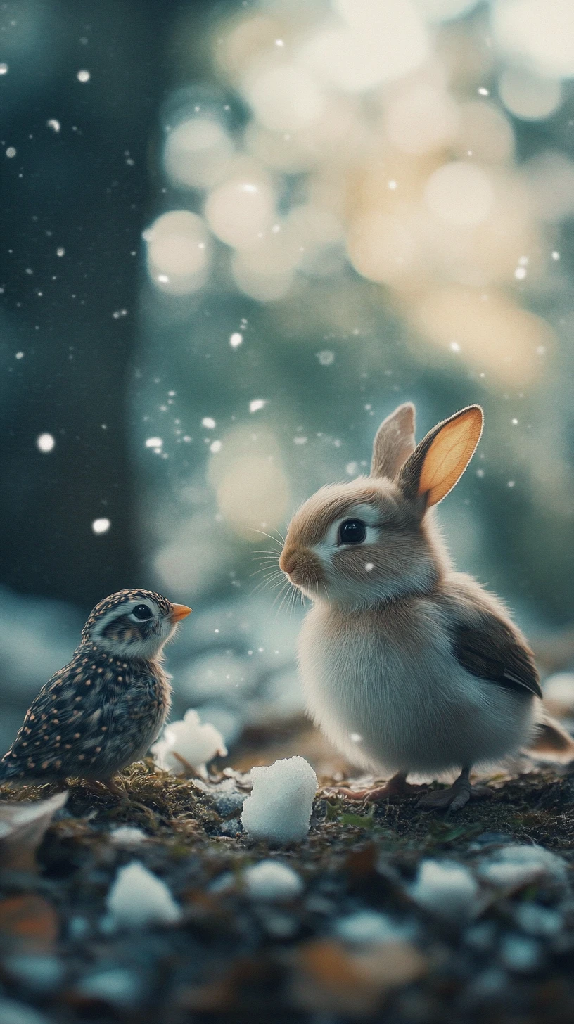 Snow white in a magical snowy world with gentle animals