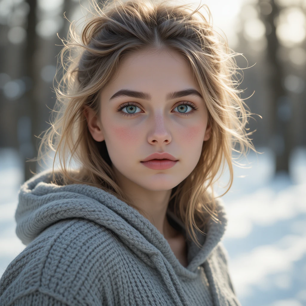 Young woman in hooded sweater on a soft winter day