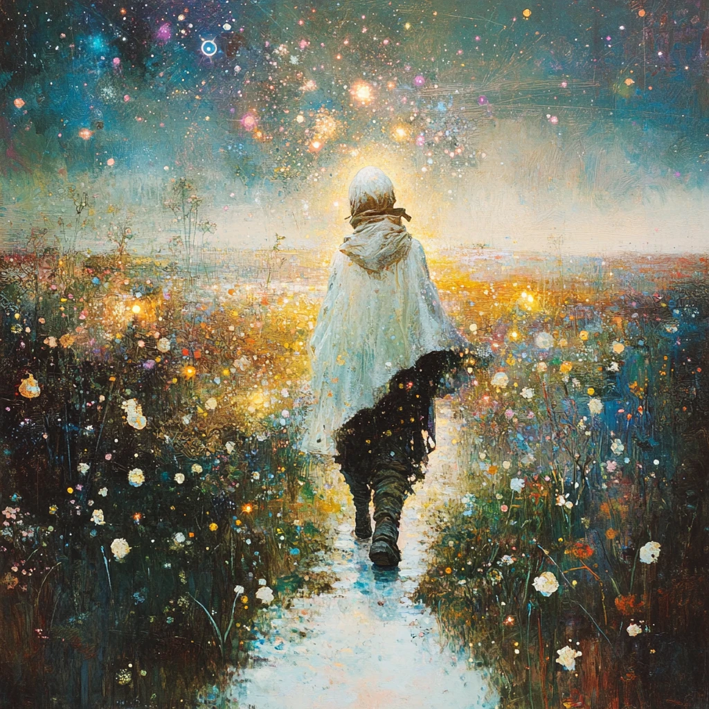 Traveler discovering an alien garden of crystalline starlit flora