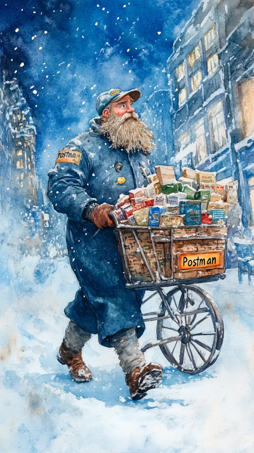 Watercolor postman with handcart entering snowy city store