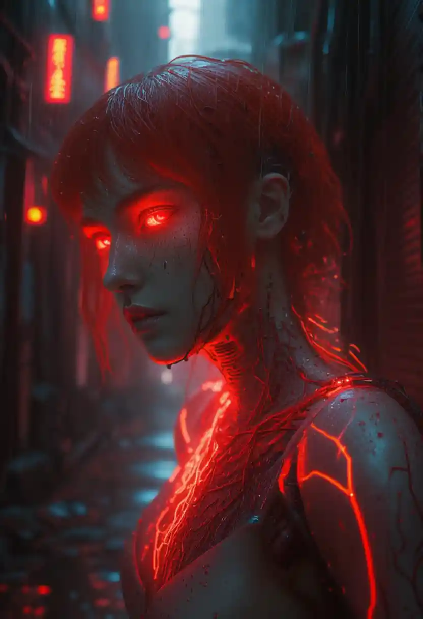 Cyberpunk woman with glowing red circuits in neon alley