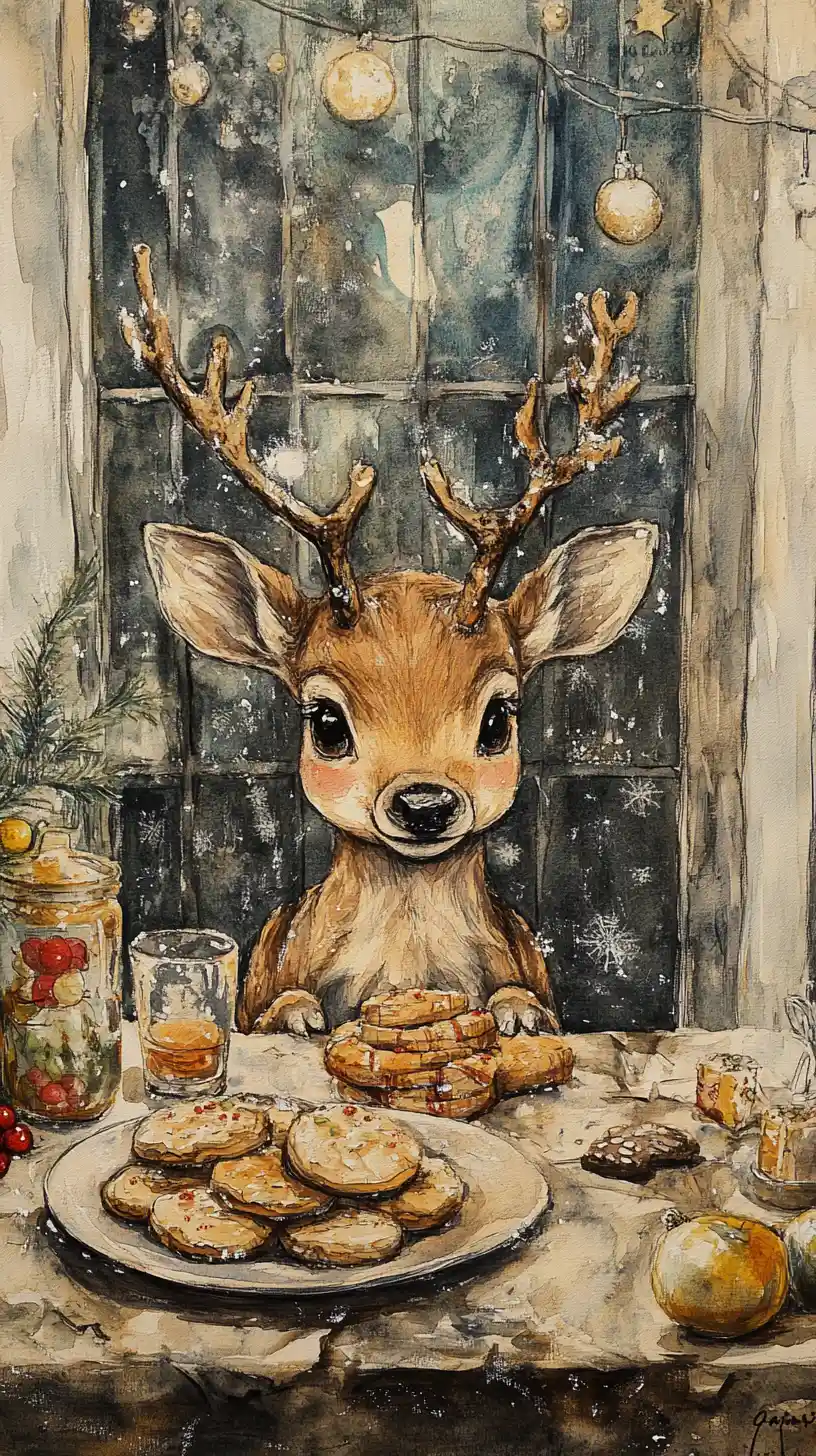 Cute chibi reindeer sorting Christmas cookies in kitchen