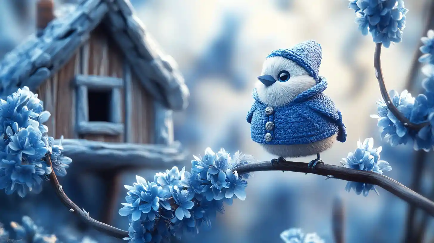 Adorable petit oiseau en veste bleue devant une minuscule maison