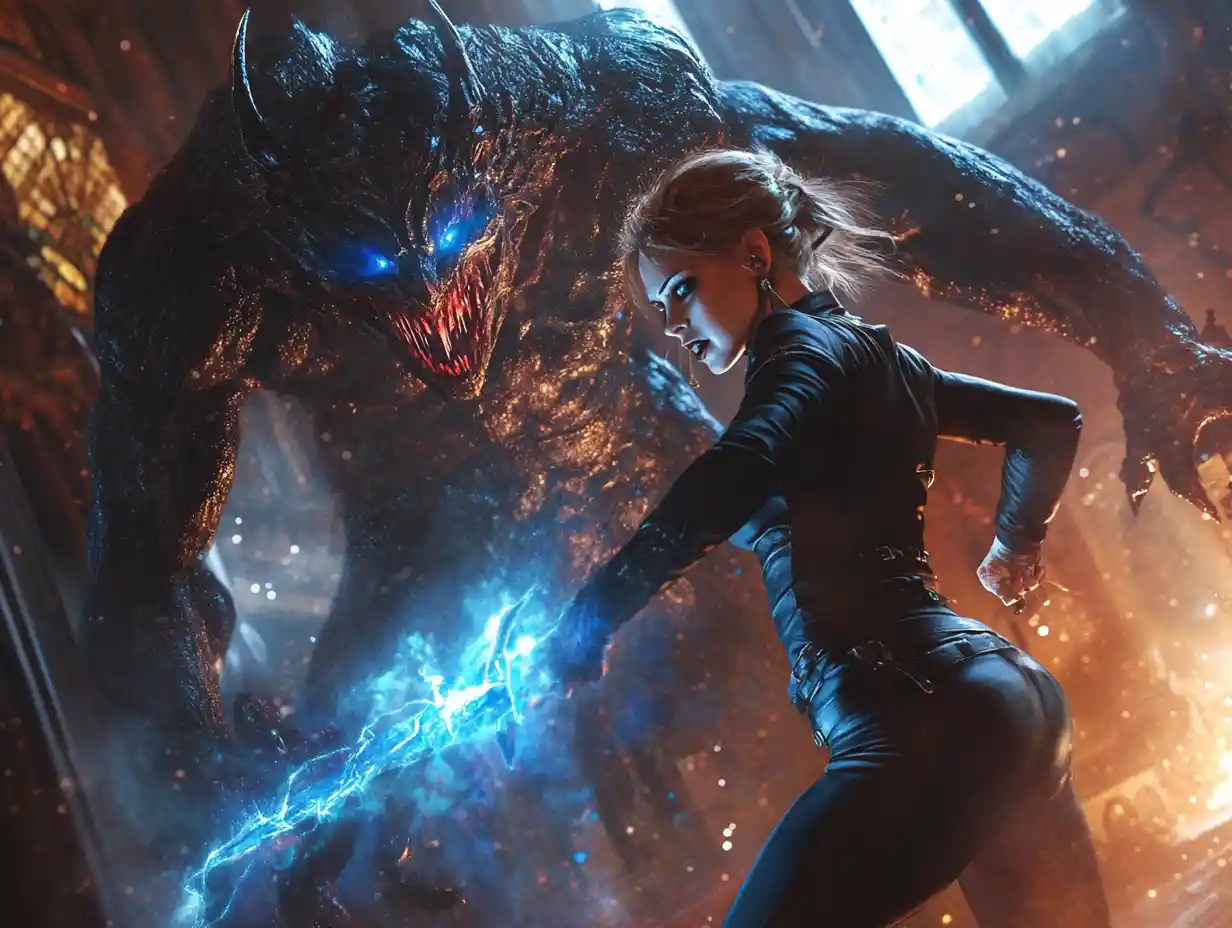 Warrior Woman Fighting Shadow Demon In Gothic Interior