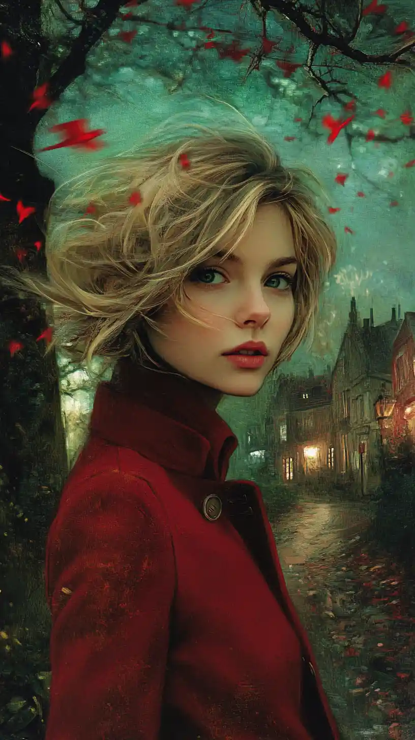 Woman in red coat under tree with circling red birds