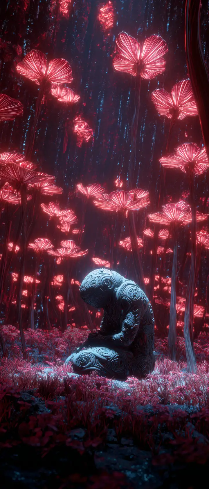Cyberpunk meadow with genderless armored figure in neon light