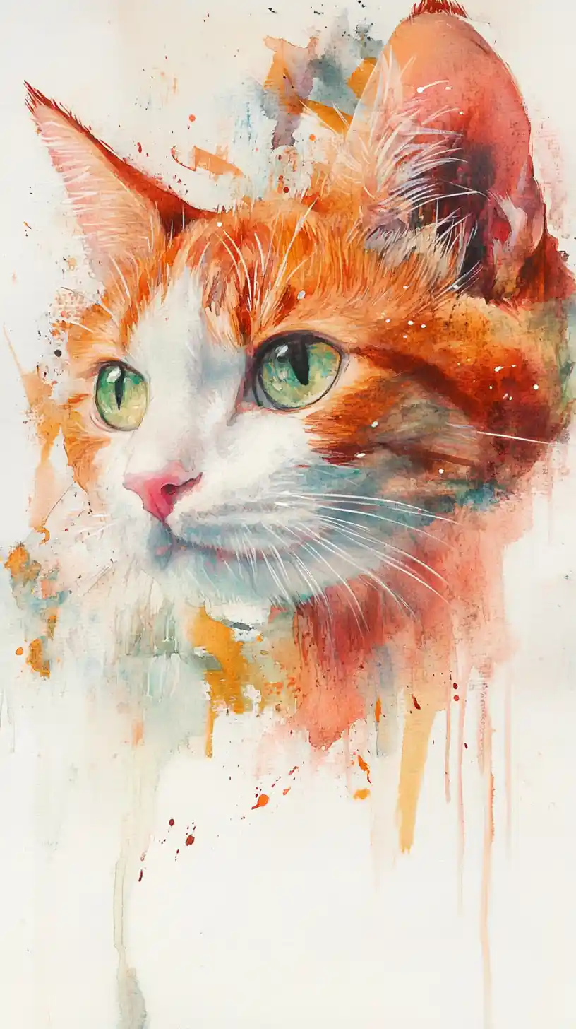 Expressive watercolor portrait of a curious orange cat