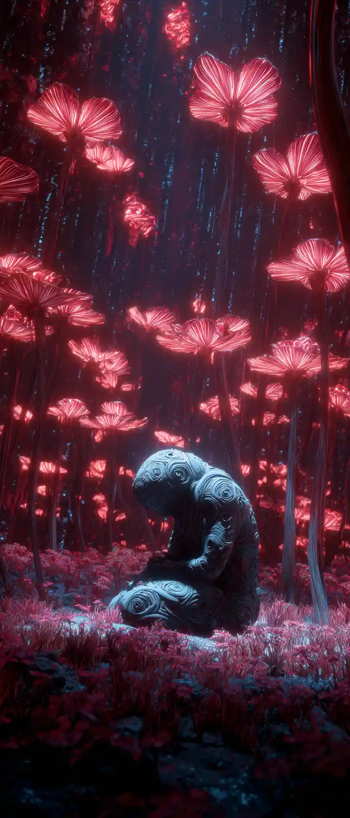 Cyberpunk meadow with genderless armored figure in neon light
