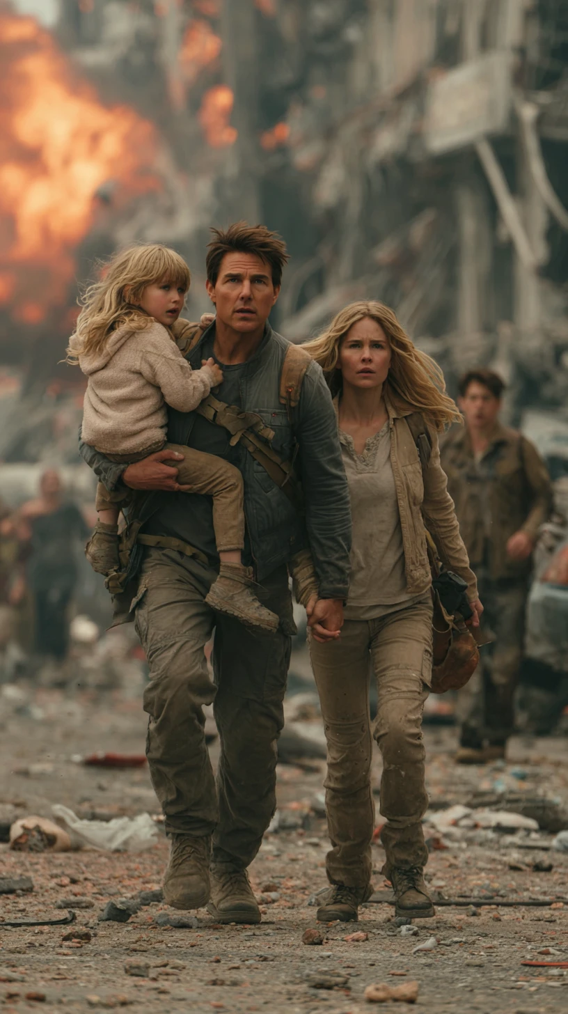 Terrified father running with children through burning city streets