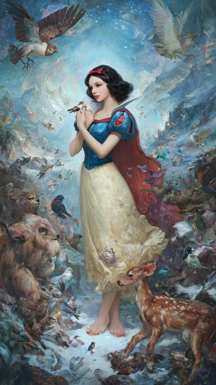 Modern fantasy girl in a snowy world with small animals