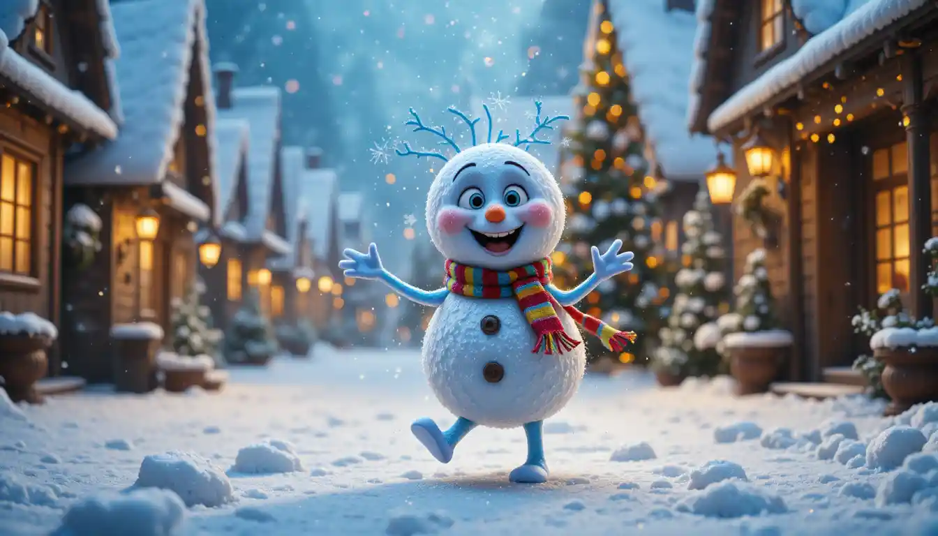 Cheerful snowflake cartoon dancing down a snowy street