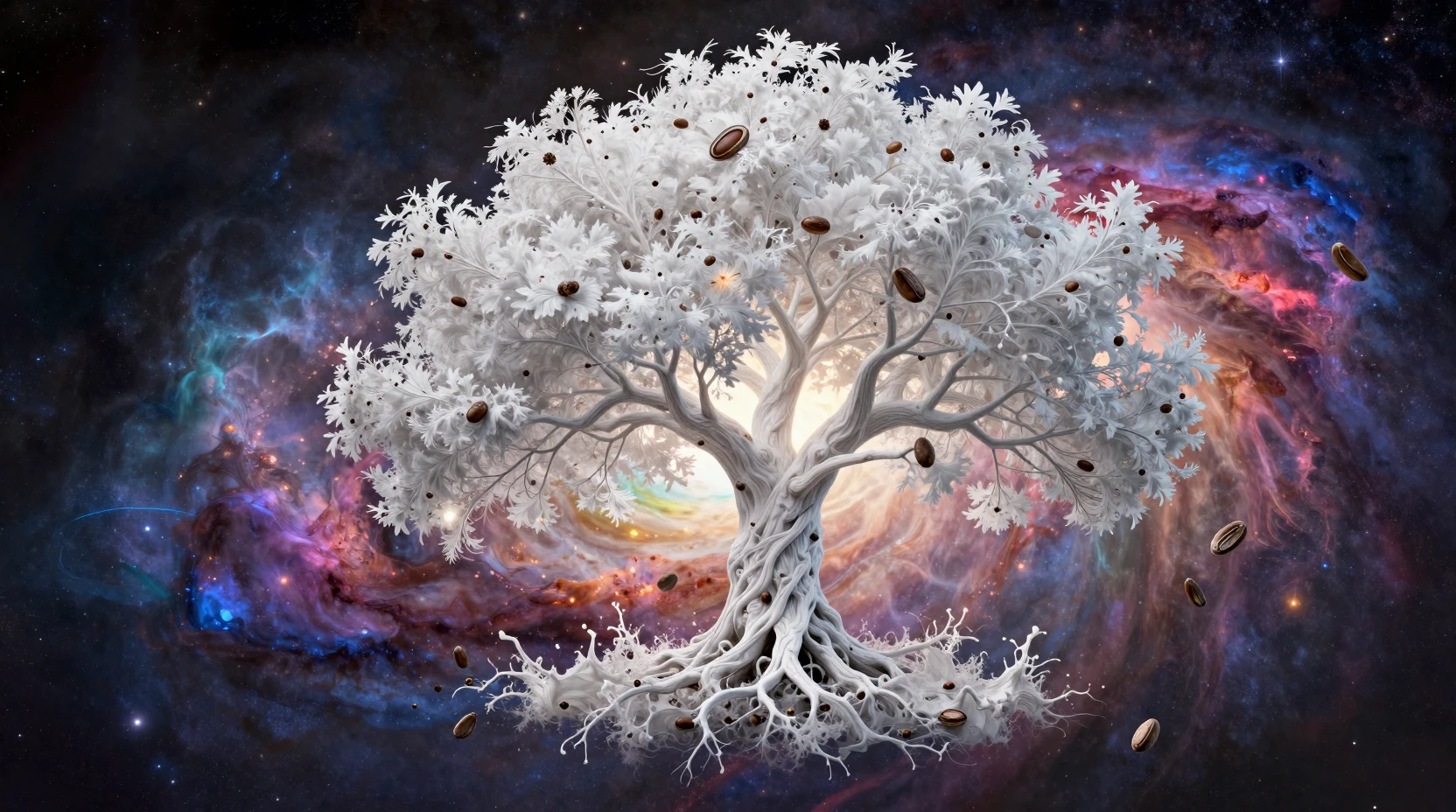 White cosmic tree seed illuminating rainbow colored stardust