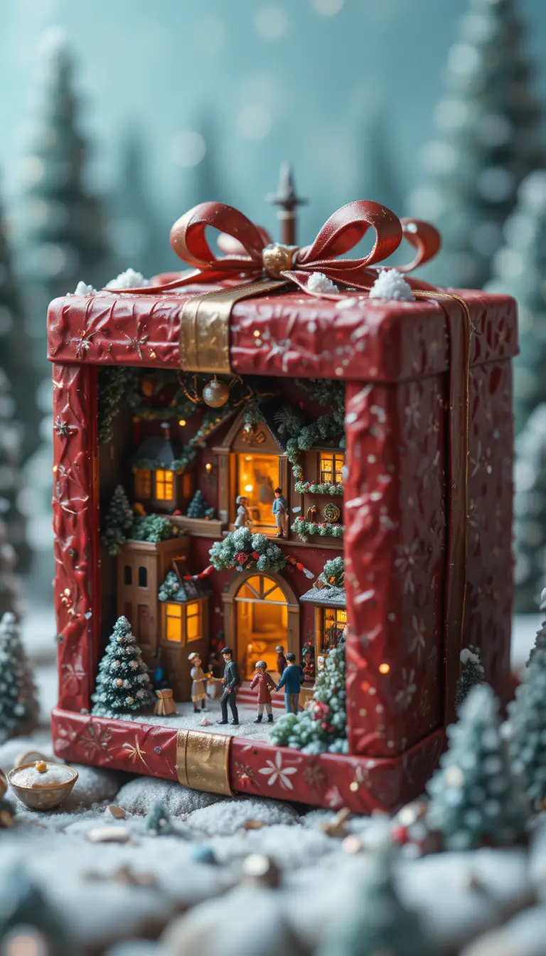 Miniaturas explorando um mundo de presente de Natal gigante e embrulhado