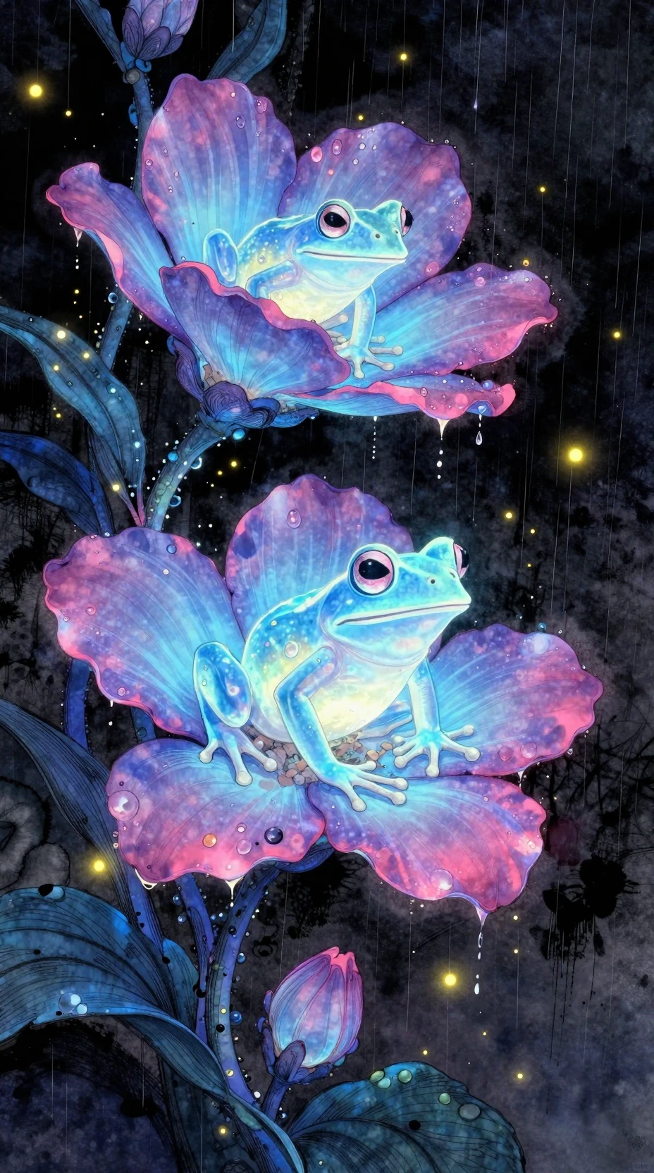 Grenouilles bioluminescentes blotties dans des fleurs lumineuses de minuit