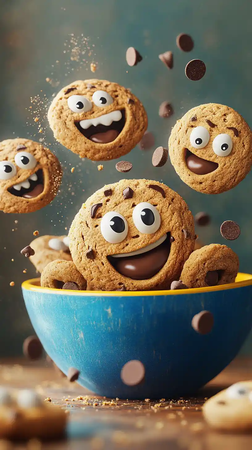 Biscotti con gocce di cioccolato cartoon che saltano da una ciotola colorata