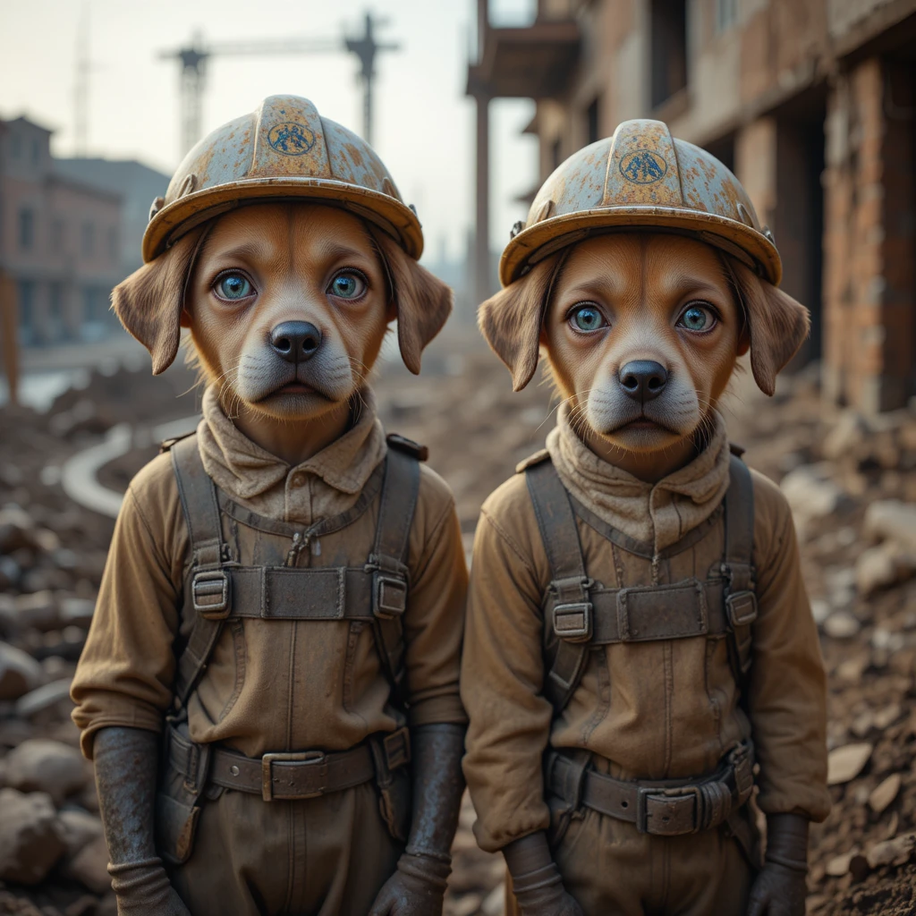 Due cuccioli stanchi che lavorano in un cantiere all’alba