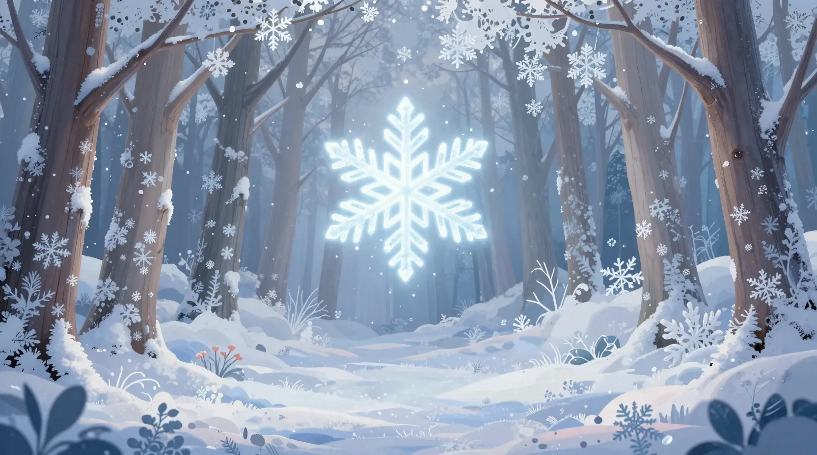 Portail Flocon de Neige Lumineux dans une Clairière de Forêt Hivernale Paisible
