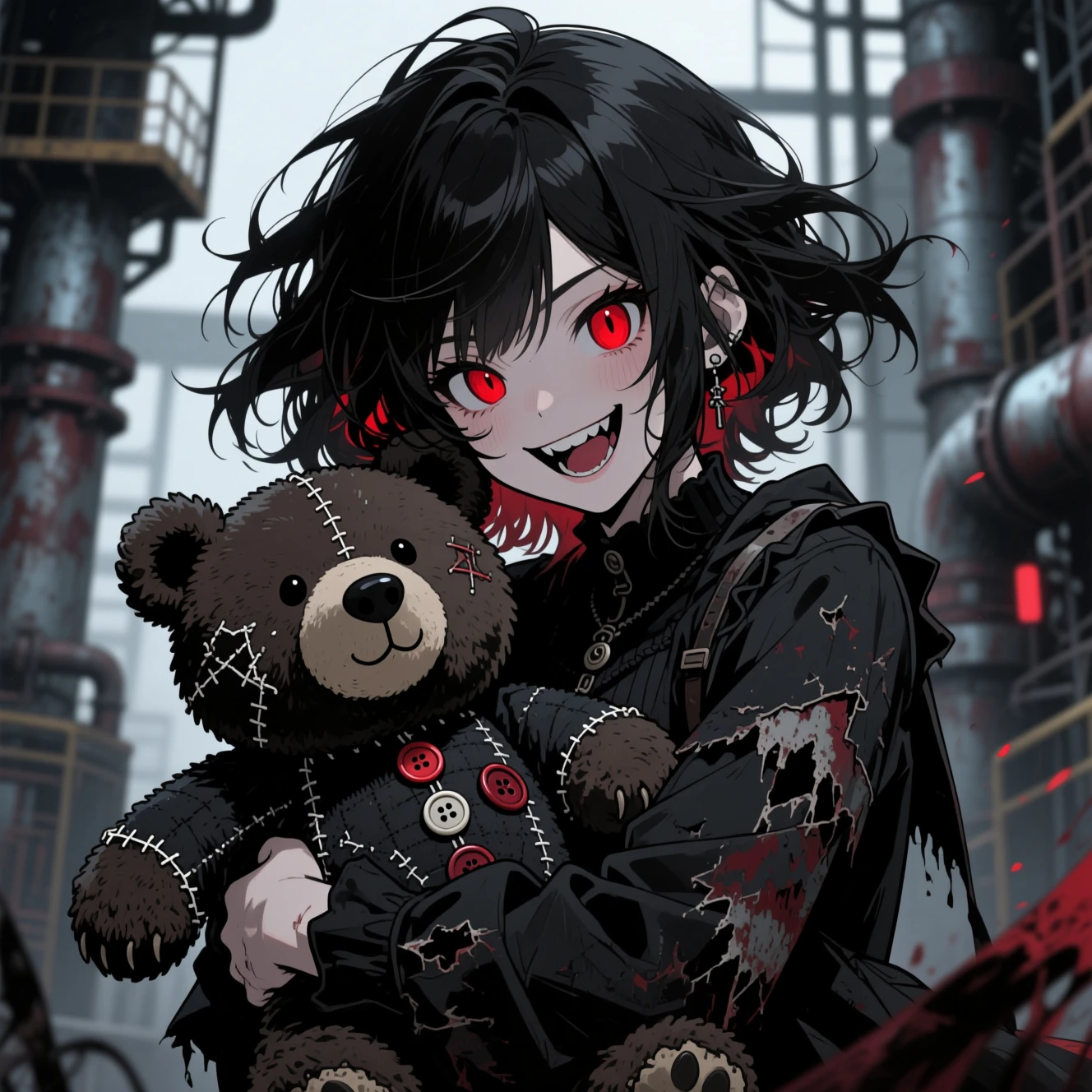 Dark anime girl with red eyes hugging a stitched teddy bear