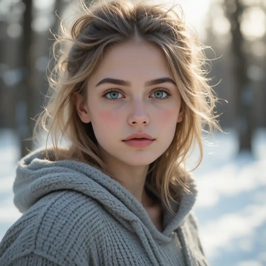 Young woman in hooded sweater on a soft winter day