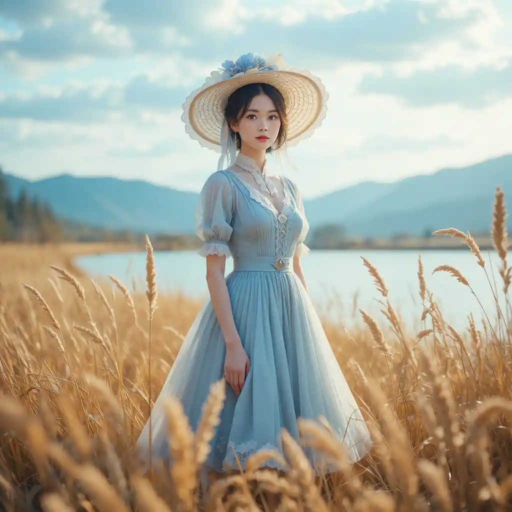 Jeune femme en robe bleue dans une prairie dorée au bord d’un lac