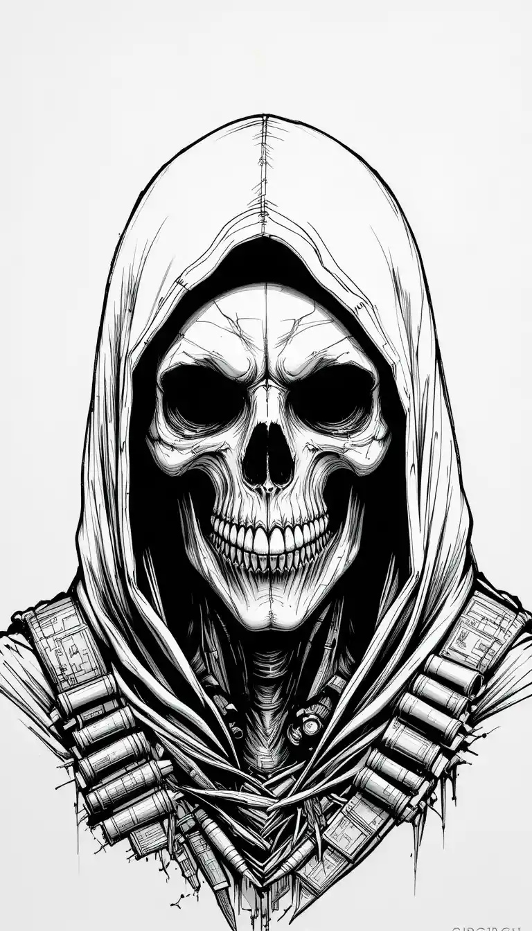 Ilustração sombria de caveira encapuzada com colar de munição em preto e branco