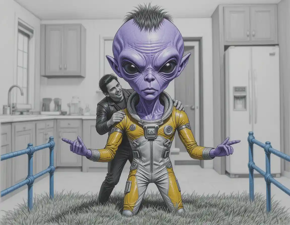 Purple alien in yellow jumpsuit standing in home kitchen