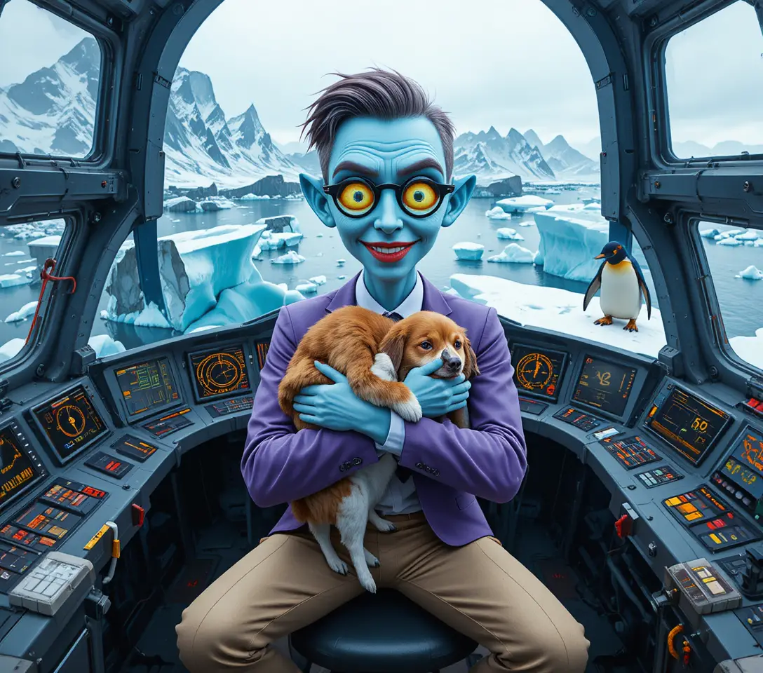Cheerful blue alien pilot in a glowing spaceship cockpit