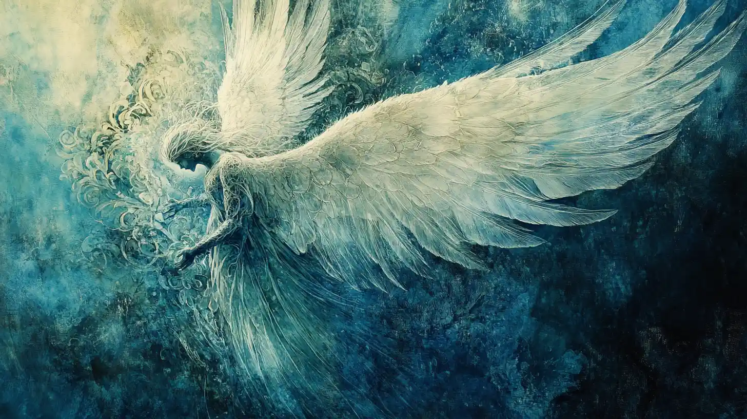 Ángel de luz descendiendo de un vasto reino celestial