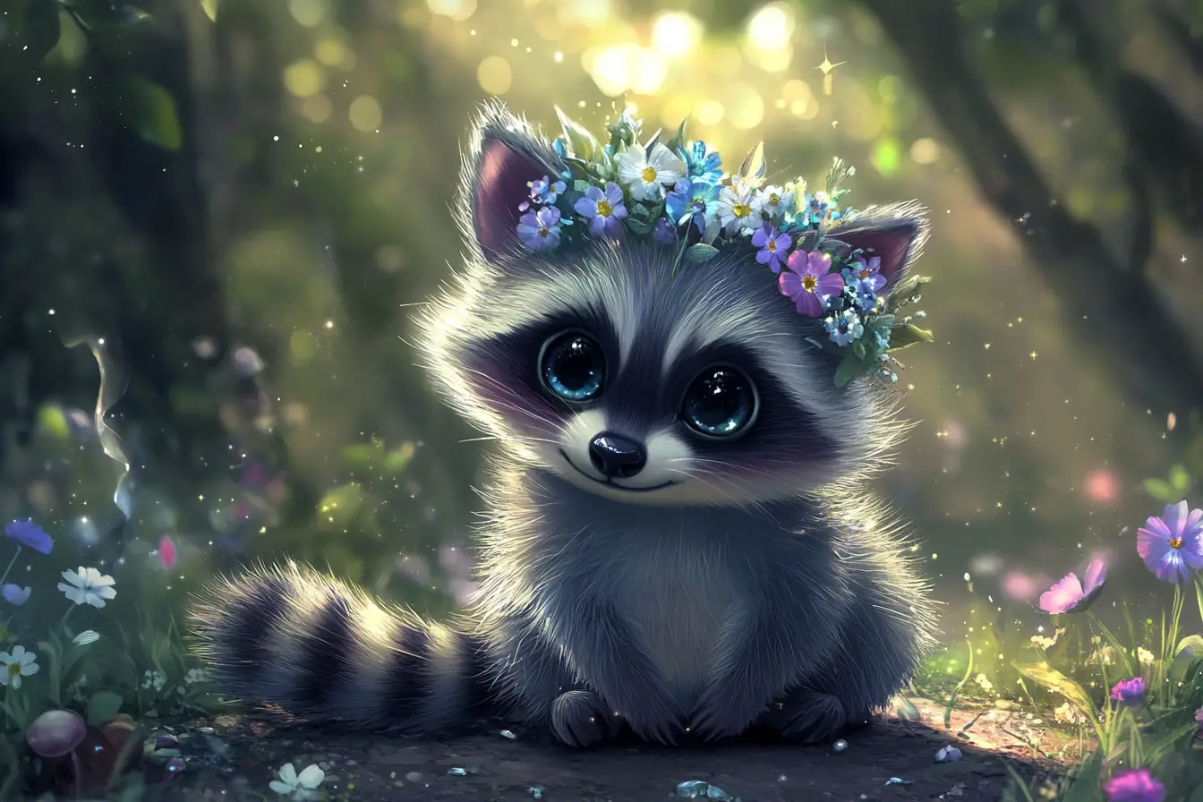 Adorable chibi raccoon with flower crown in fantasy forest