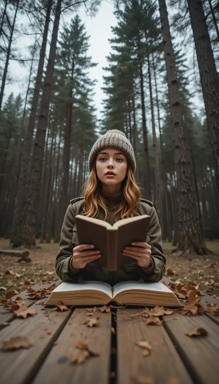 Young woman reading on a picnic table in pine forest