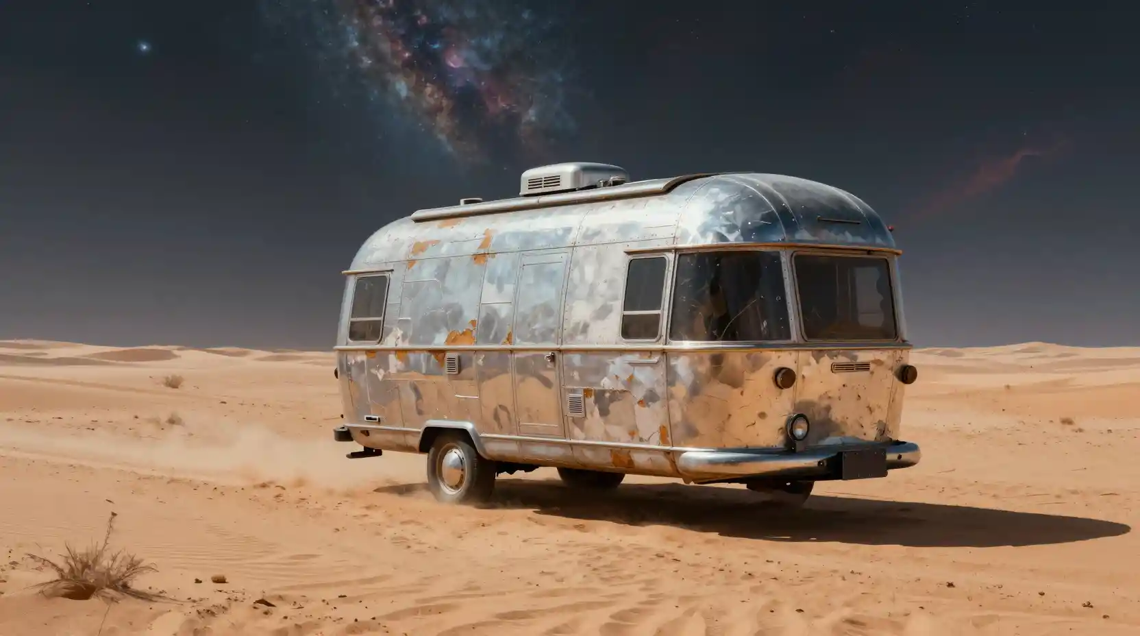 Caravan retrò che attraversa un deserto alieno sotto un cielo di nebulose