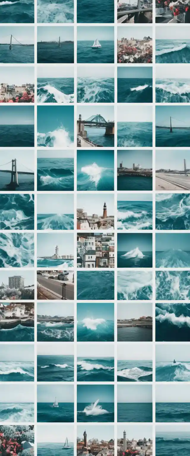 Modern teal photo collage in a clean geometric grid layout