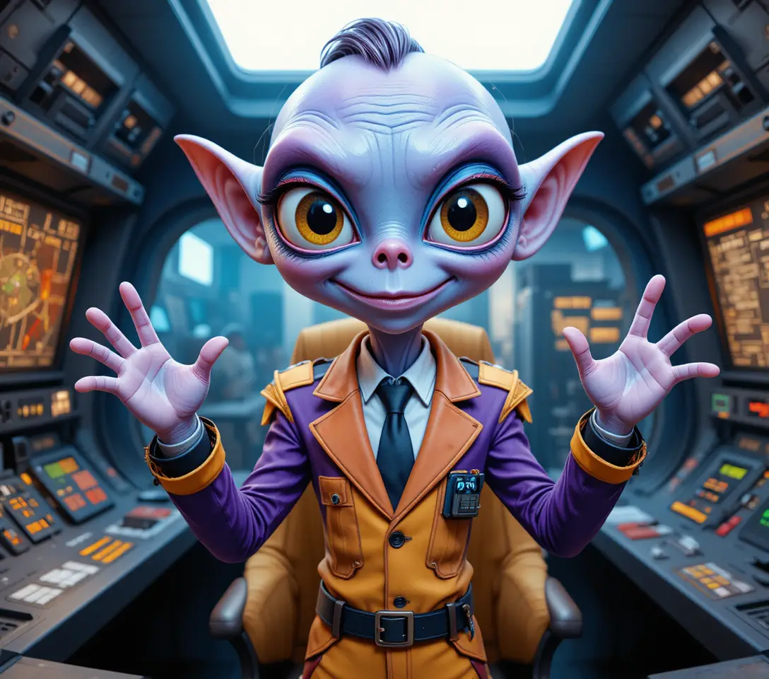 Cheerful blue alien pilot in a glowing sci fi cockpit