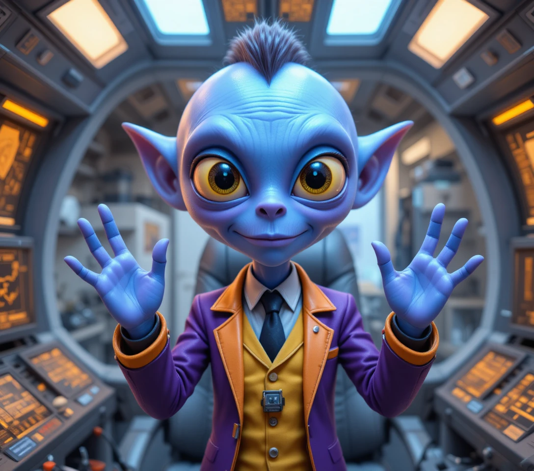 Friendly blue alien pilot waving inside a glowing cockpit