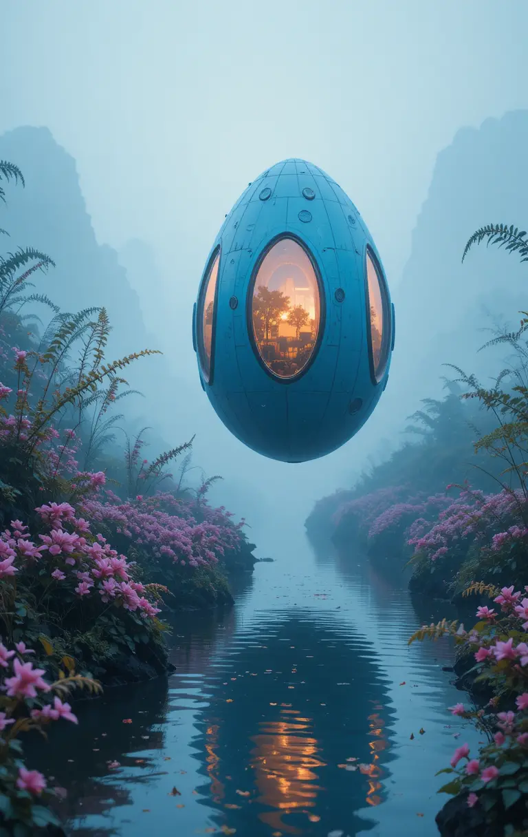 Futuristic Blue Egg House Floating Above Misty River