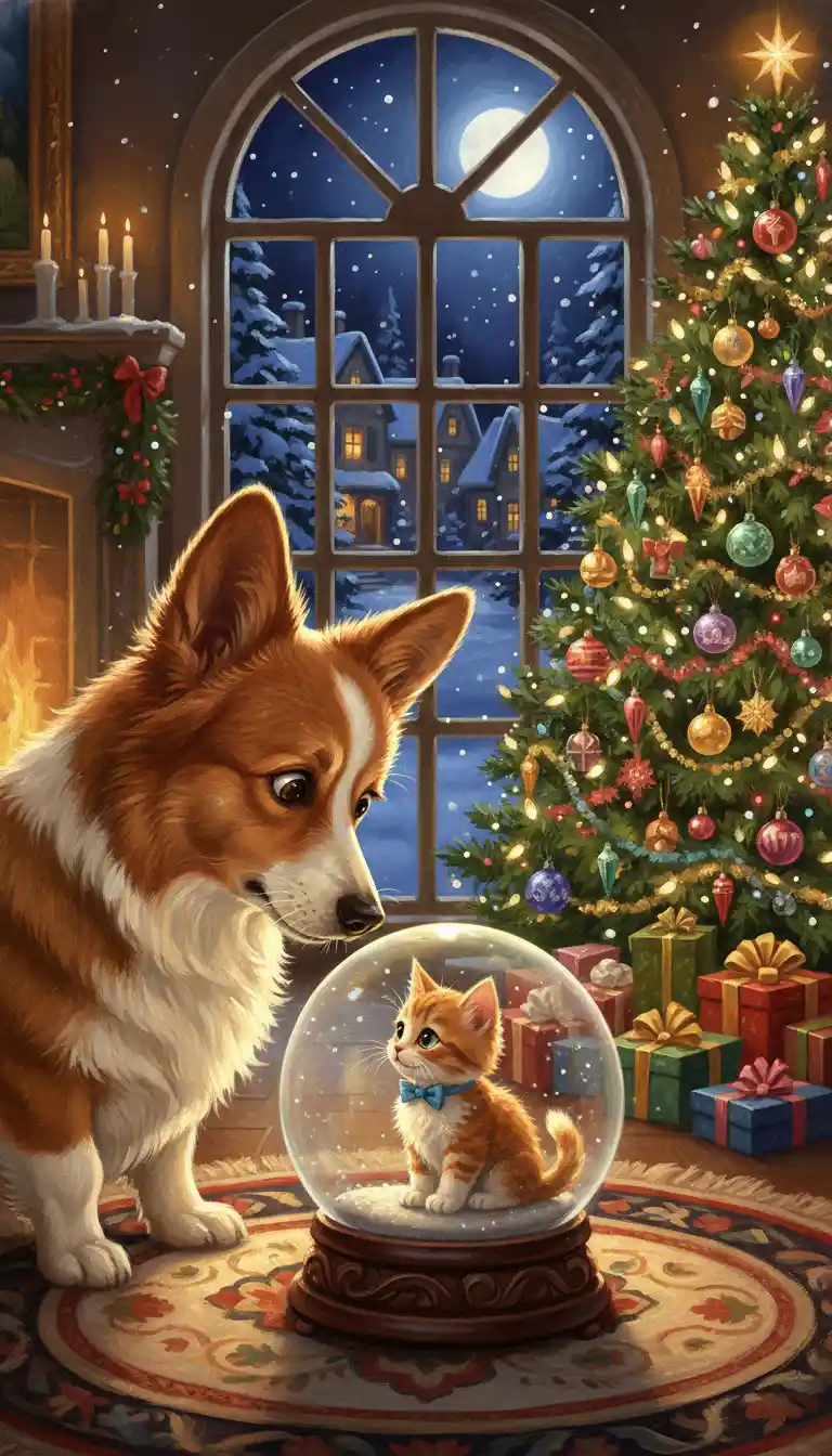Hund und Kätzchen teilen einen magischen Weihnachtsmoment