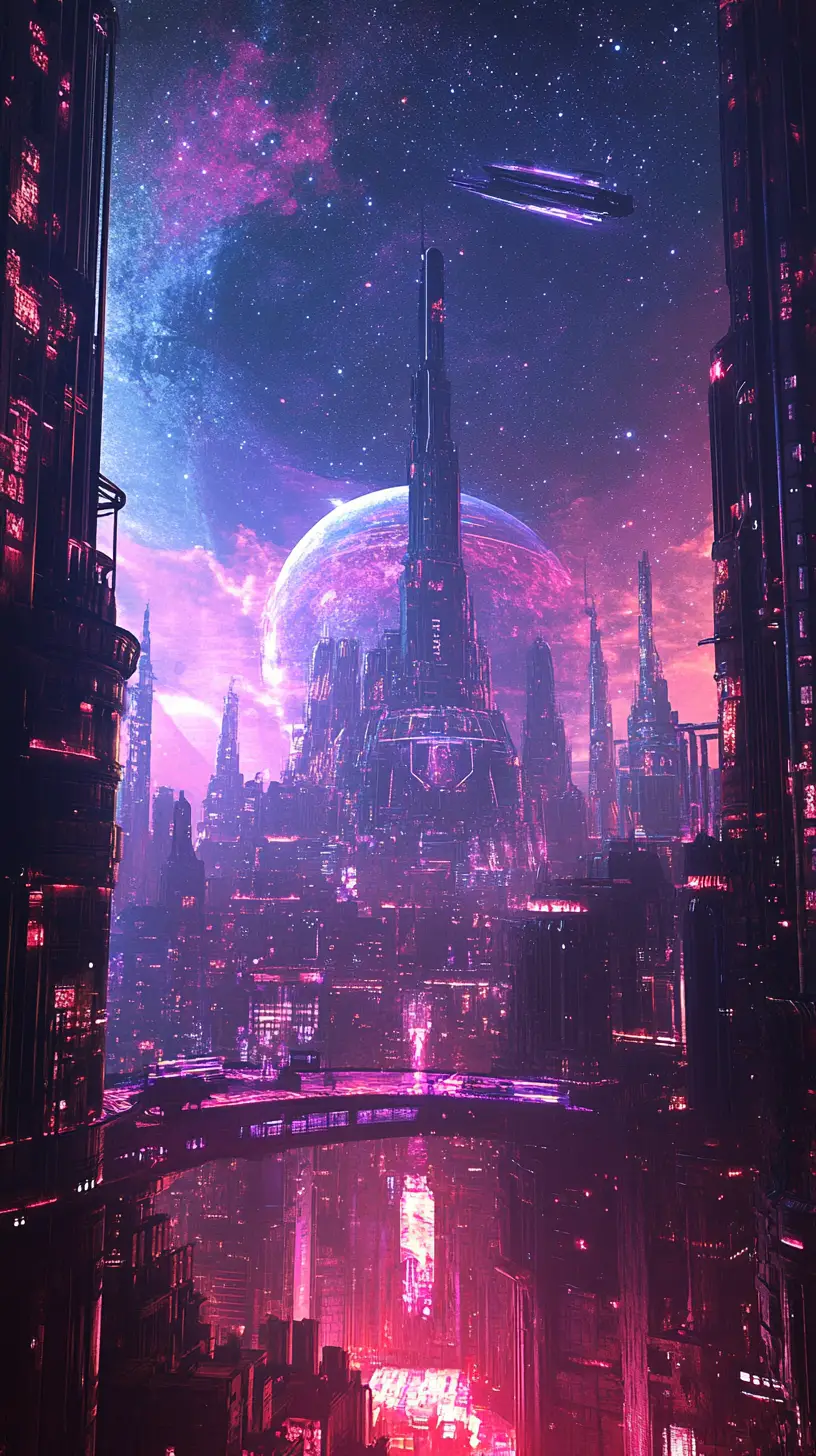 Surreal Neon Palace Merging Into Futuristic Cityscape Night