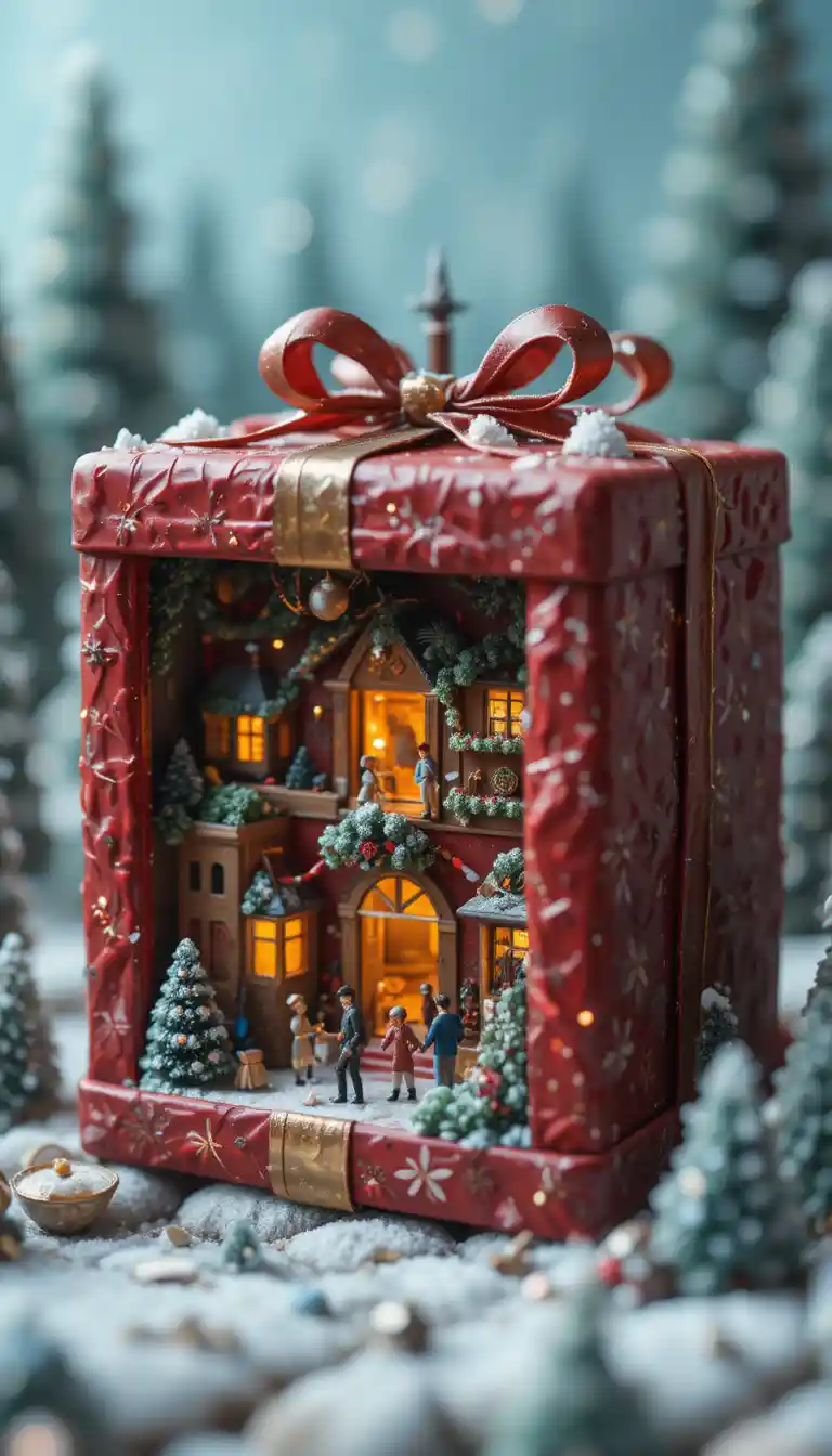 Tiny figures exploring a giant wrapped christmas gift world