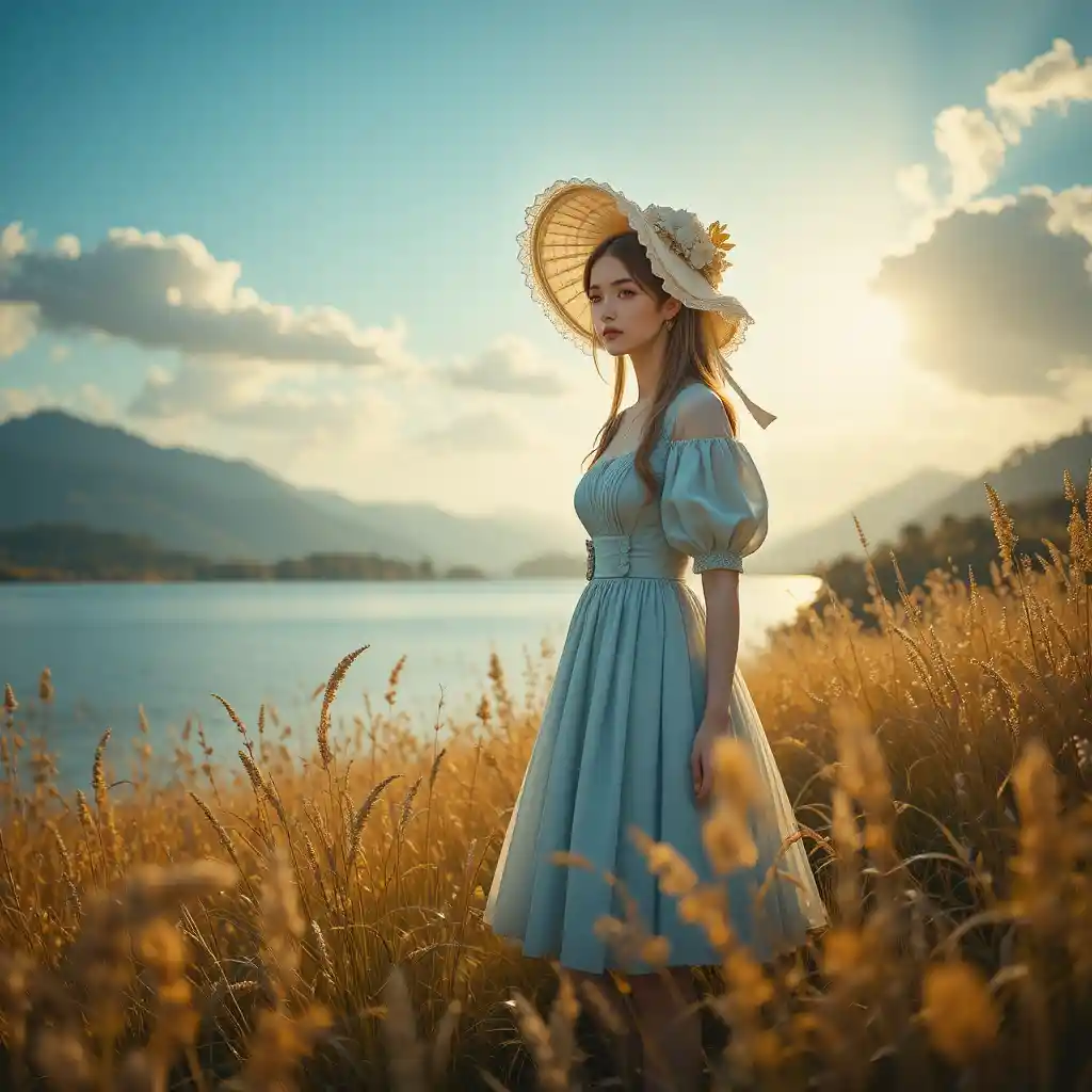 Young woman in blue dress by a golden lakeside