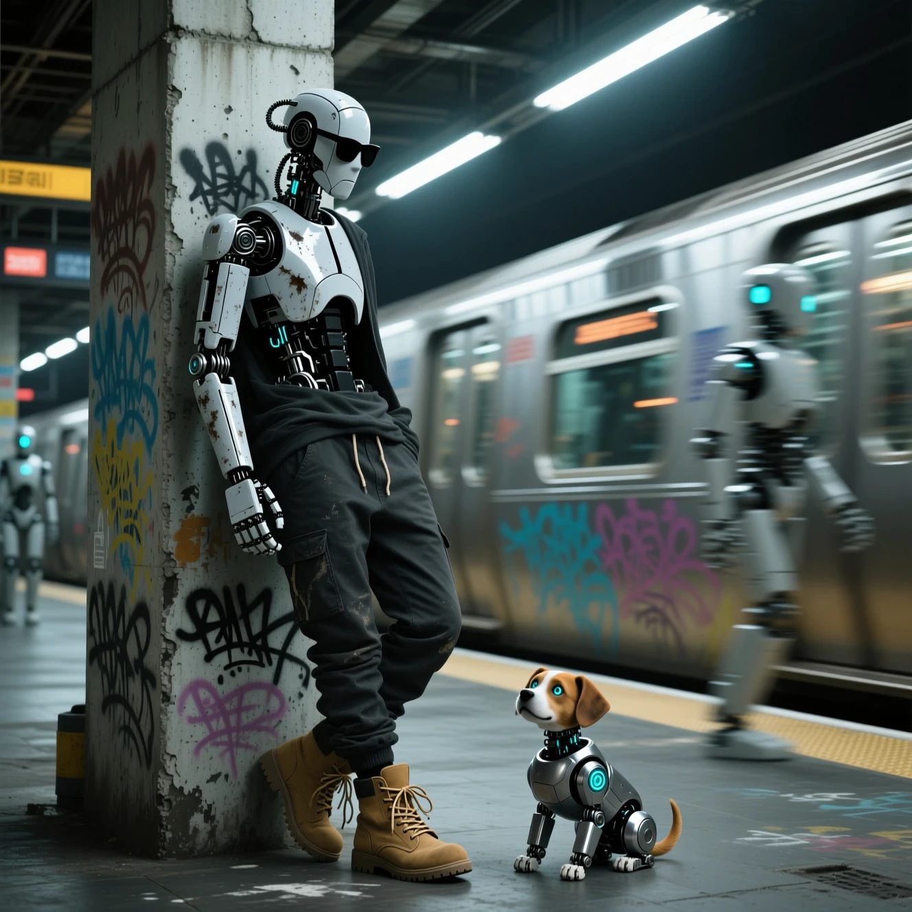 Humanoider Roboter lehnt an Graffiti-Wand im Bahnhof