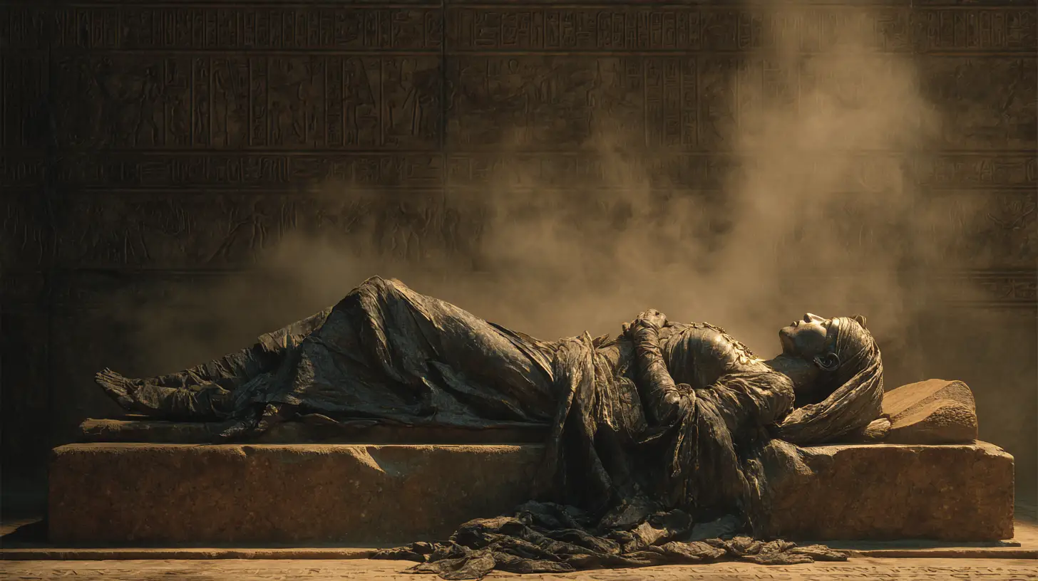Mummified queen resting on a stone couch in temple
