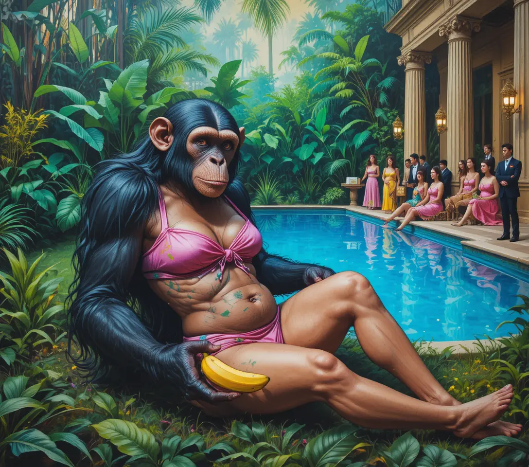 Realistic chimpanzee sitting on grass holding a yellow banana