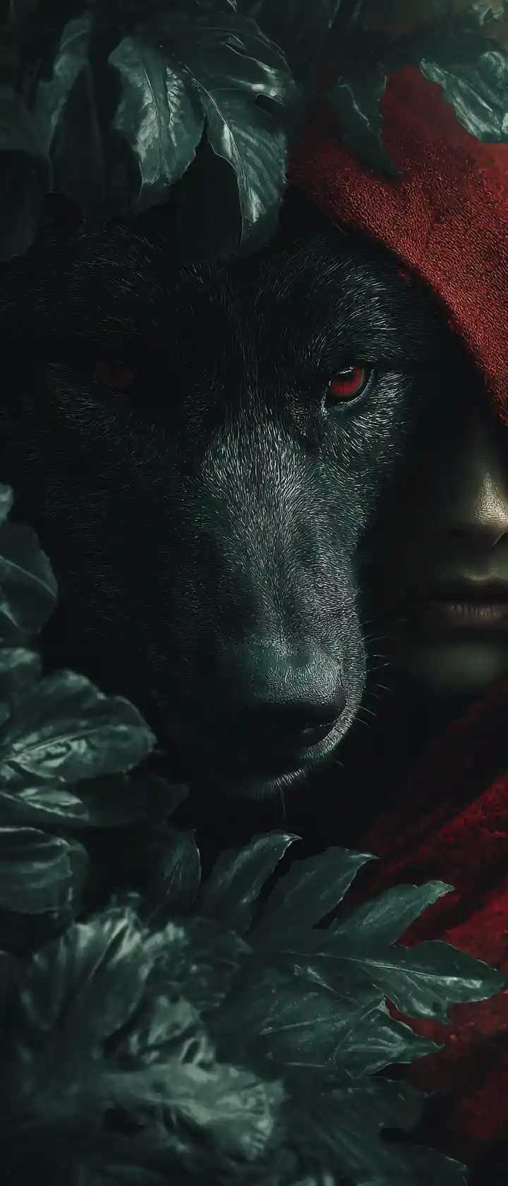 Black wolf close up with red hooded figure nearby