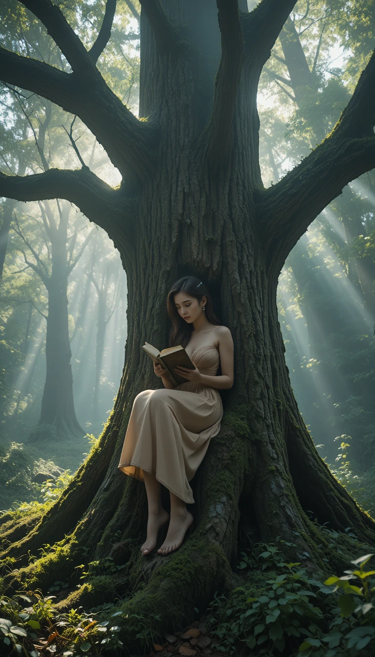 木のブランコで本を読む少女がいる陽だまりの森