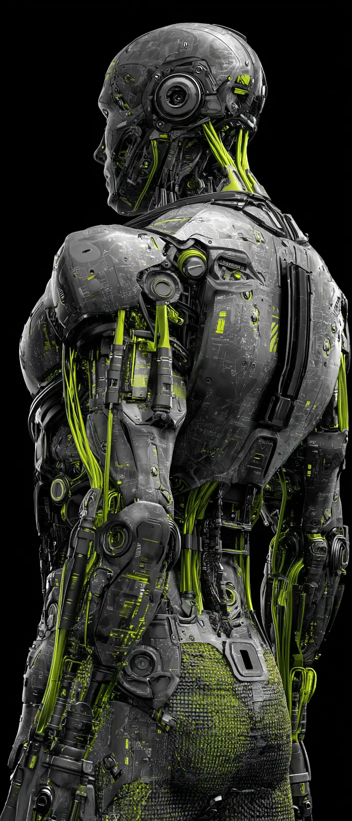 Futuristic android with metallic muscles on white background